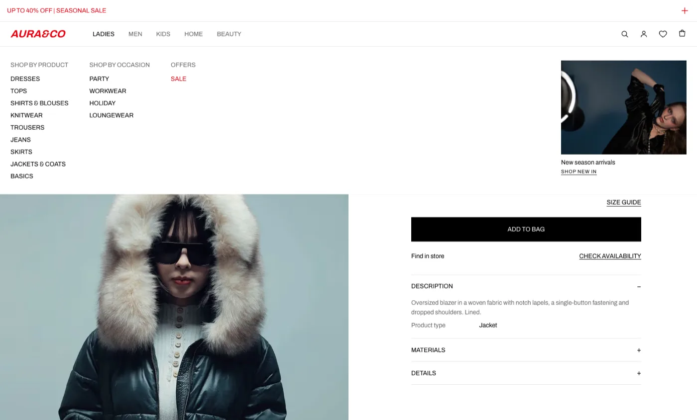 Méga-menu AURA&CO à trois niveaux avec colonnes produit et occasion, et panneau promotionnel