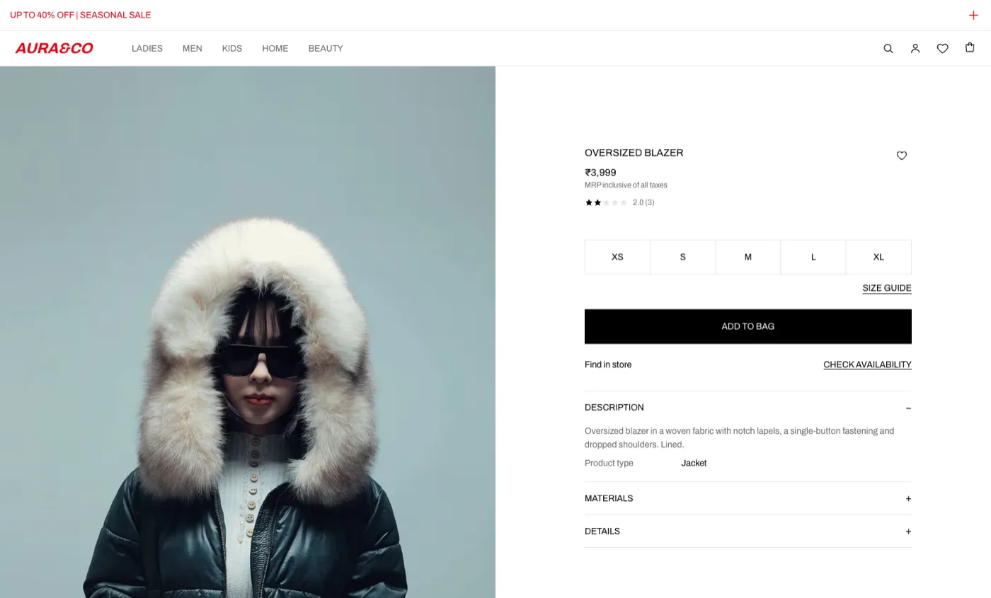 Page produit AURA&CO avec sélecteur de taille, guide des tailles, notes et accordéons d’attributs