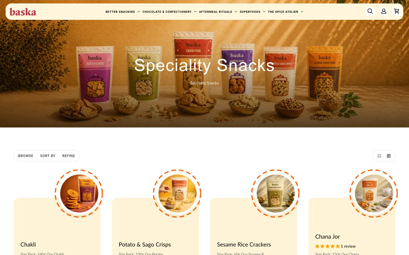 Kollektion der Spezialitäten-Snacks im Shopify-Shop von Baska Foods