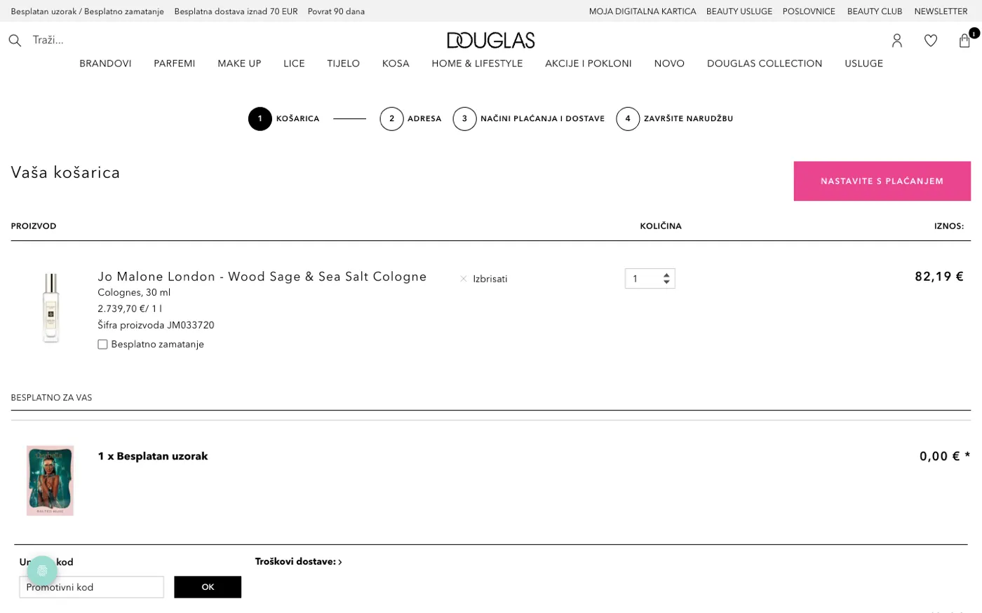 Warenkorb-Schritt von Douglas Kroatien mit Gratisprobe und Geschenkverpackungsoptionen