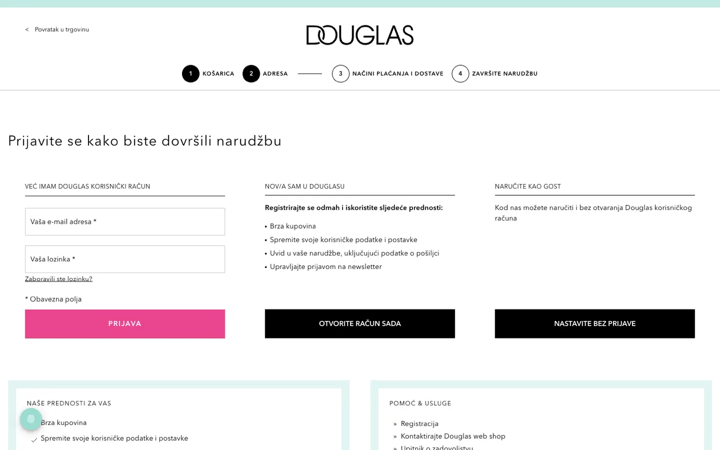 Checkout-Konto-Schritt von Douglas Kroatien mit Login, Registrierung und Gastoptionen
