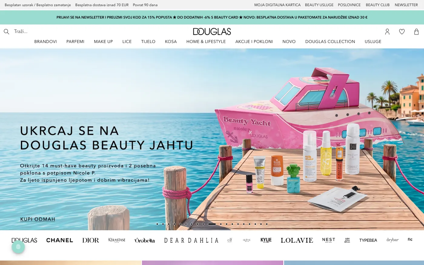 Startseite von Douglas Kroatien mit Kampagnen-Hero und Markenleiste für Luxus-Beauty