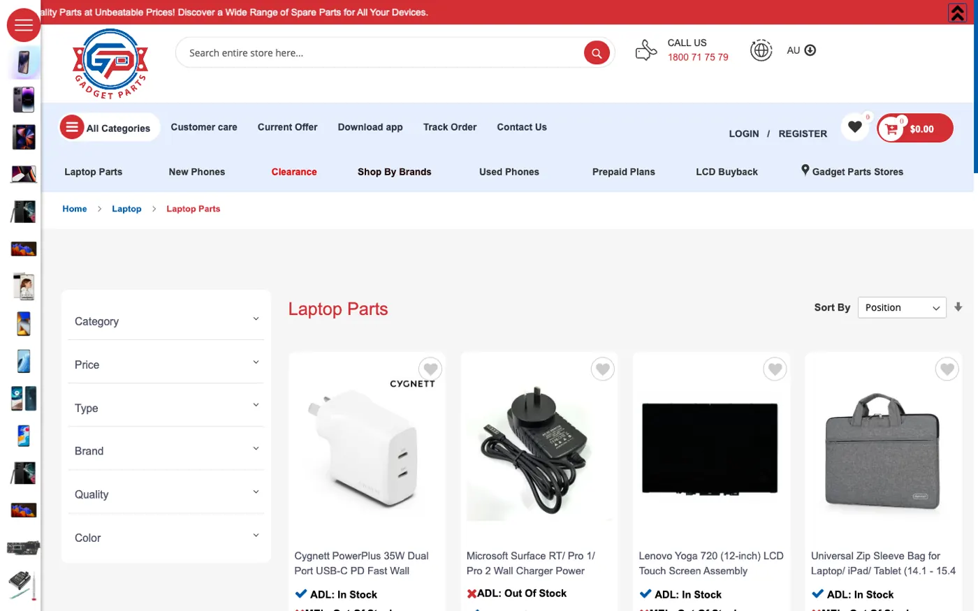Laptop parts category on GadgetParts with fitment-based navigation