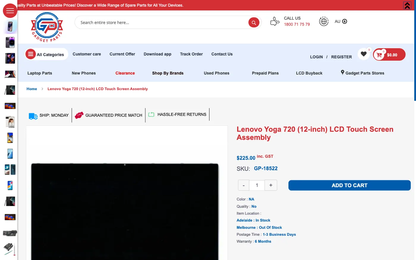 Lenovo Yoga LCD screen assembly product page on GadgetParts
