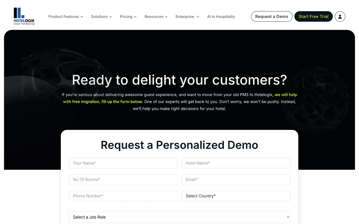 Hotelogix request-a-demo page — the SaaS lead pipeline