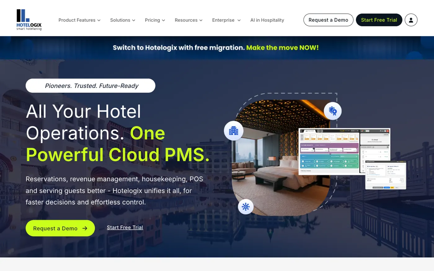 Hotelogix homepage — cloud hotel management software trusted since 2008