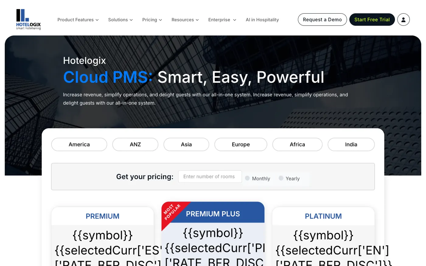 Hotelogix pricing page for independent properties
