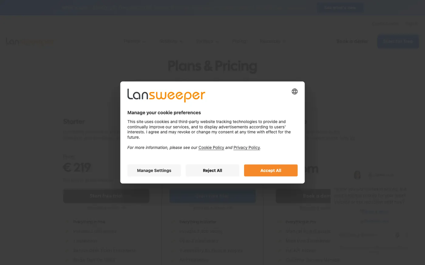 Lansweeper pricing and plans page