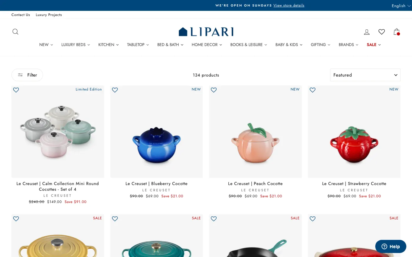 Le Creuset brand collection page on Maison Lipari