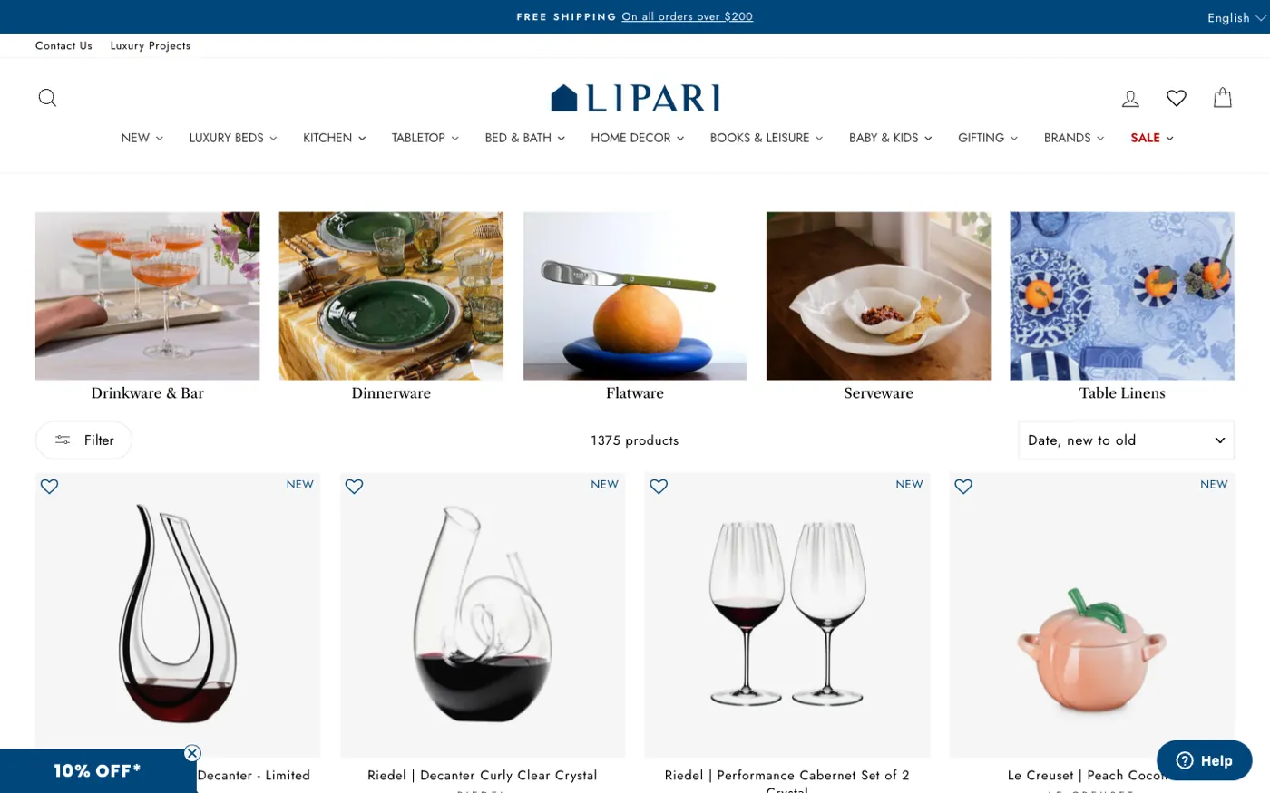 Tabletop collection page on Maison Lipari's Shopify Plus store