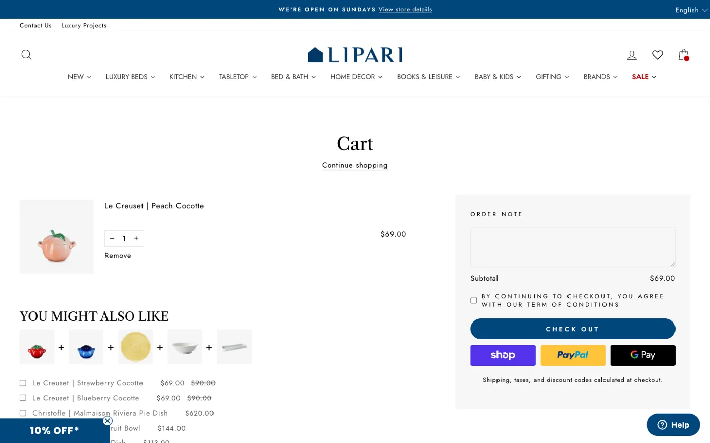 Maison Lipari shopping cart with free-shipping threshold messaging
