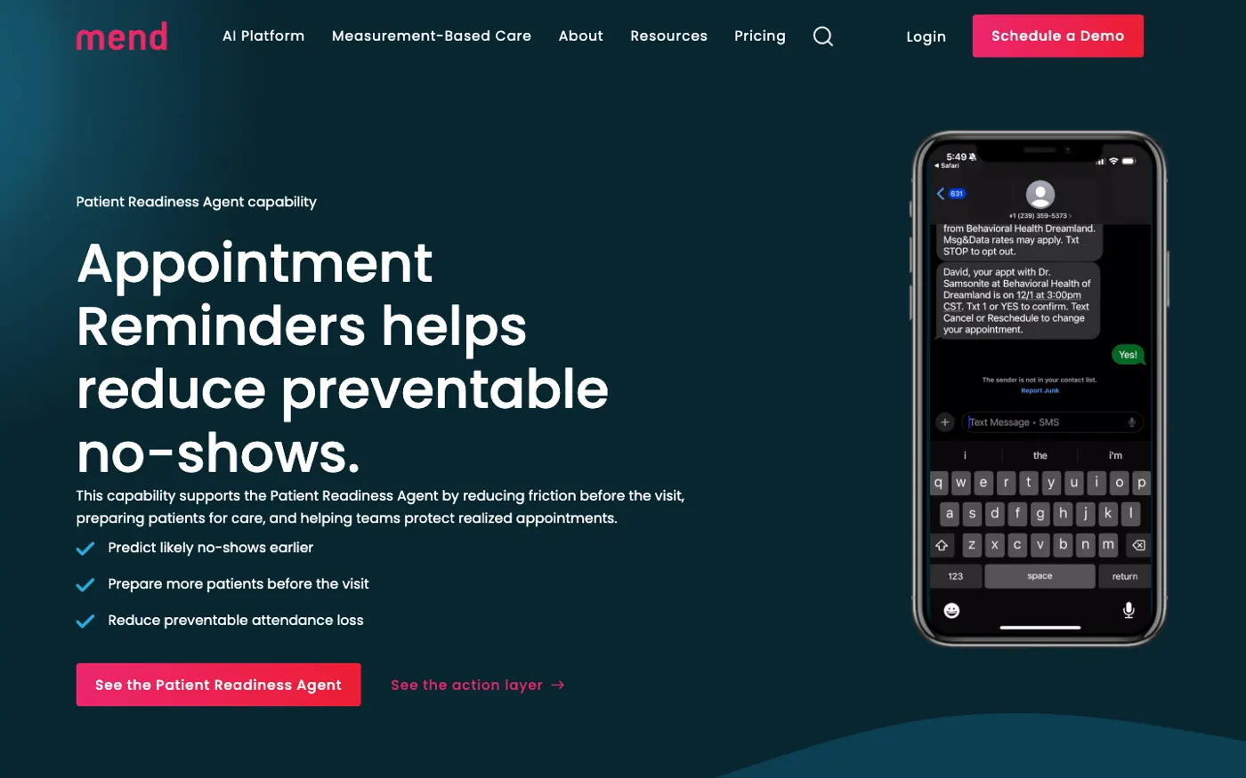 Pagina funzionalità promemoria appuntamenti AI di Mend