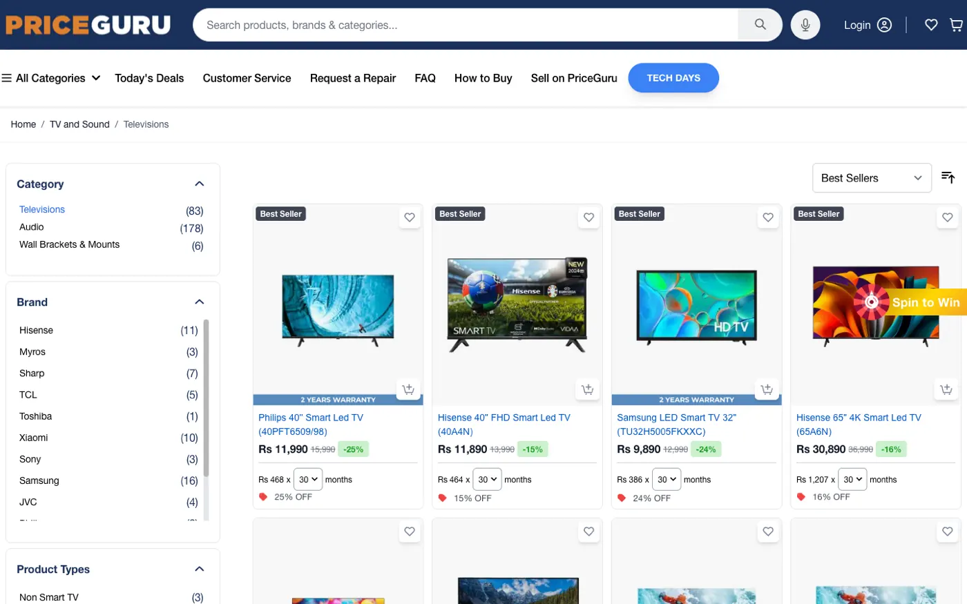 Televisions category page on PriceGuru with brand filters and pricing in Mauritian rupees