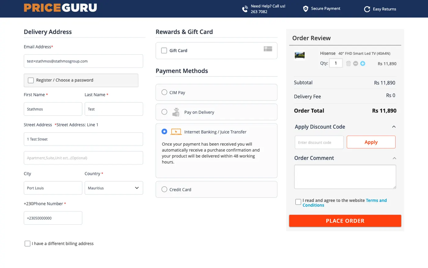 PriceGuru one-page checkout with delivery address, local payment methods and order review