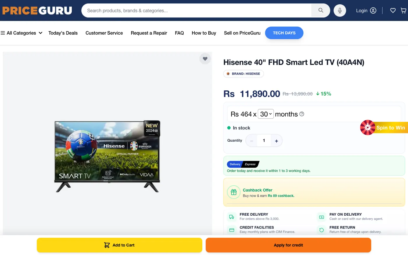 Hisense smart TV product page on PriceGuru's Hyvä storefront