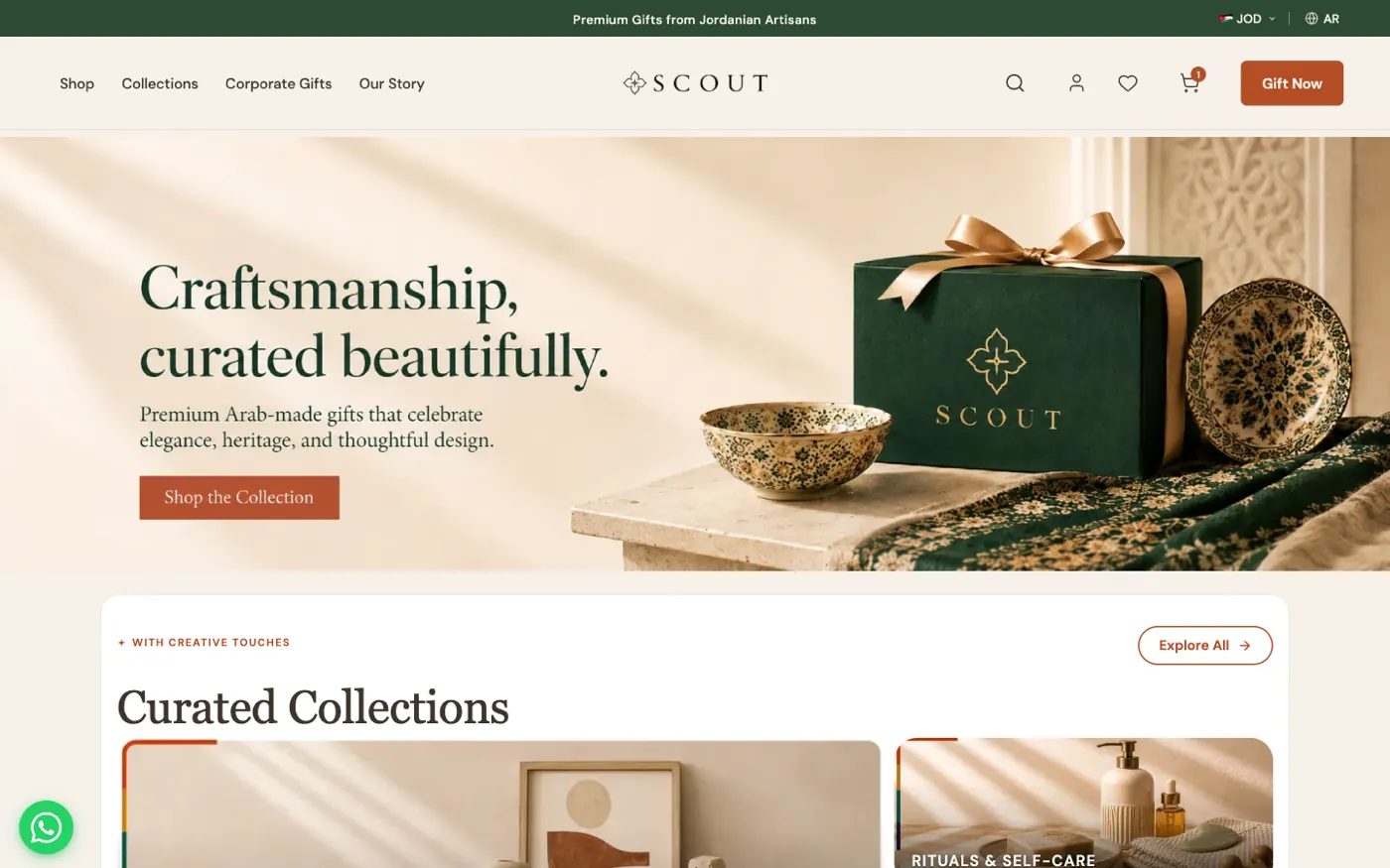 Scout Arabia English homepage showing curated collections of premium Arab-made gifts